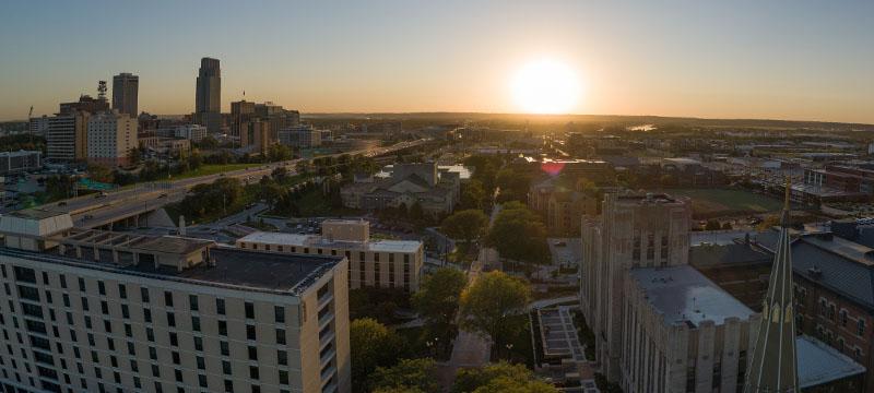 Creighton University campus aerial view at sunset